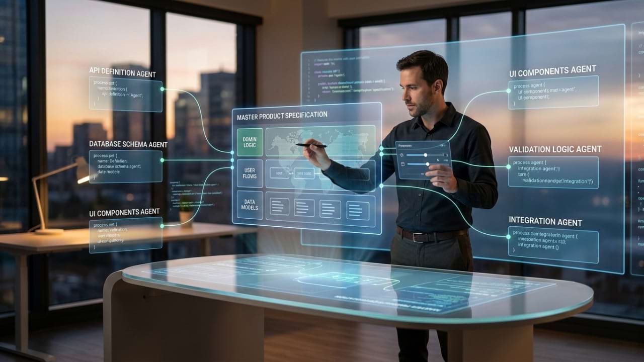 A human architect steering a product specification interface linked to various AI agent modules